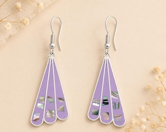 Handmade Silver Plated Abalone Inlay Fan Earrings in Art Deco Style from Mexico