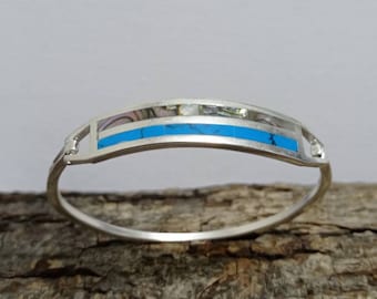 Turquoise Abalone Inlay Cuff Bracelet – Silver Plated Mexican Bangle