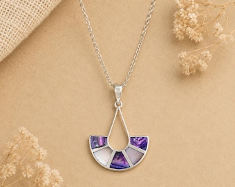 Pendentif éventail art déco violet ormeau coquillage – Collier Taxco fait main en argent