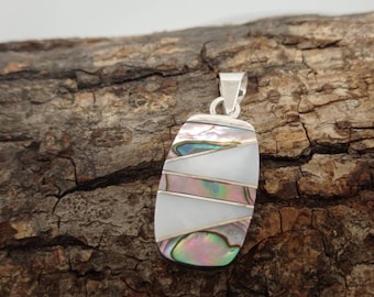 abalone and mother of pearl pendant,geometric pendant, Silver plated pendant,art deco white pendant, mexican pendant , iridescent pendant