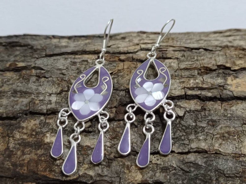 Mexican earrings Bohochic jewelry,floral earrings Mother of Pearl earrings Hook earrings geometric Earrings Silver plated earrings