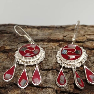 Mexican abalone inlay red round tassel earrings, dangle earrings, Silver plated earrings, Hook earrings, geometric  chimal earrings