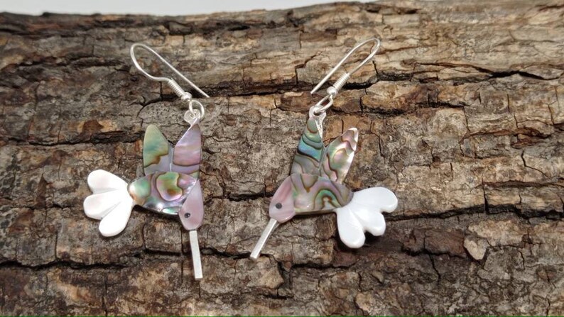 Hummingbird earrings abalone Earrings Silver plated earrings Hook bird earrings mother of Pearl earrings Mexican earrings