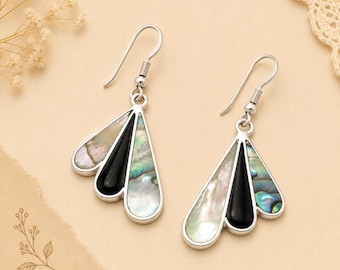 Art Deco Abalone Fan Earrings, Silver Plated, Mexican Azteca Jewelry