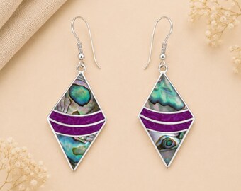 Art Deco Abalone Shell Rhombus Earrings, Silver Plated, Handmade Mexico