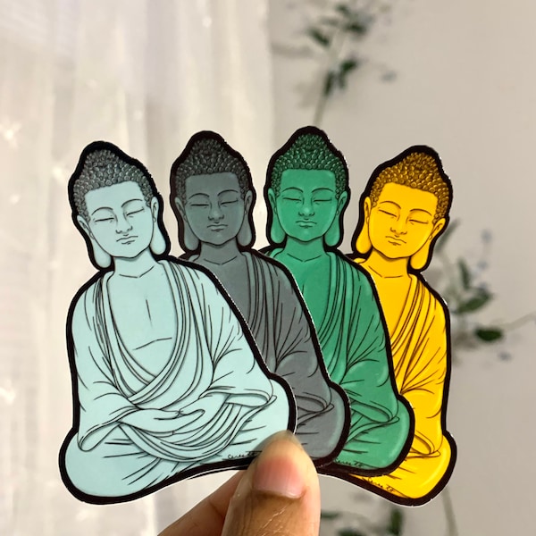 Buddha Statue Waterproof Bumper Stickers, available in 4 colors, for phone, car, laptop, water bottle, favorite cool items, flat surfaces