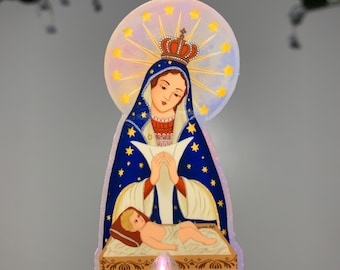 La Virgen de la Altagracia, waterproof, solid color and frosty vinyl stickers for lamp, shadow box, glass, see through, and bright surfaces.