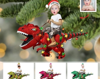 Personalized Cute Kid Rides The Dinosaurus Christmas Light Acrylic Ornament, Custom Baby Face Photo Ornament, Cute T-Rex Boys Christmas