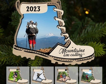 Custom Mountains Are Calling Ornament - Personalized Christmas Hiking Shoes Photo Upload Gifts Custom Wooden Ornament for Hiking Lovers