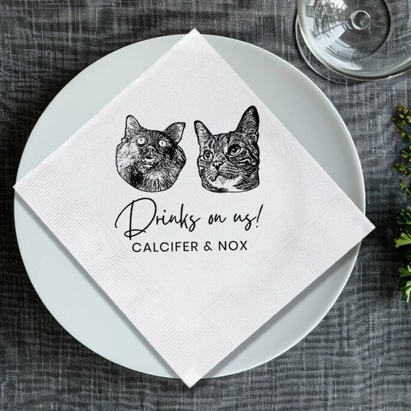 Personalized Illustrated Cat Photo Napkins, Engagement Party Cat Napkins, Custom Bar Napkins, Custom Photo Cat Pet Napkins 2023