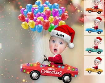 Custom Cute Kids Driving Car Christmas Light Acrylic Ornament, Custom Baby Face Photo Ornament, Cute Baby Boy Girls Driving Car Xmas Gift