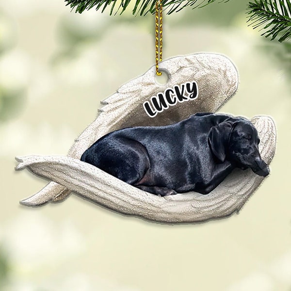 Custom Name Black Labrador Retriever Sleeping Angel Christmas Flat Acrylic Dog Ornament Memorial Dog Gift, Black Labrador Retriever Dog Xmas