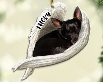 Custom Name Black Chihuahua Sleeping Angel Christmas Flat Acrylic Dog Ornament Memorial Dog Gift, Black Chihuahua Dog Christmas Ornament