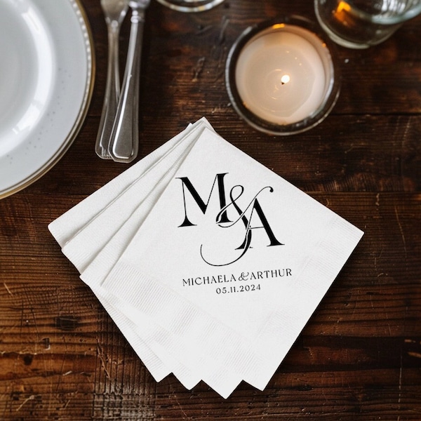 Monogram Initial Cocktail Napkins | Wedding Cocktail Napkin | Rehearsal Dinner Napkins, Minimalist Wedding Decor | Wedding Reception Napkins