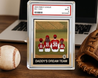 Retro Baseball No. 1 Dad Man & Kids Sitting Trading Card Style Personalized Acrylic Block Plaque, Father's Day Gift for Dad, Husband