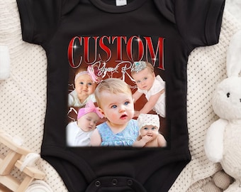Custom Photo Baby Bodysuits,Baby Bodysuits For Toddler Boys Girls,Vintage Bootleg Rap Tee Shirt,Photo Babies Onesie For Birthday,Baby Shower