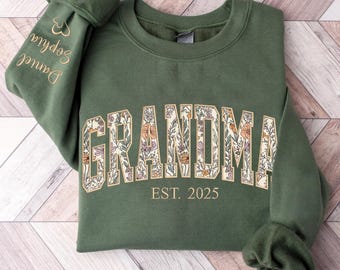 Custom Grandma Sweatshirt - Embroidered Floral Appliqué Grandma Sweater, Personalized Gift from Grandkids, Mother's Day or Birthday