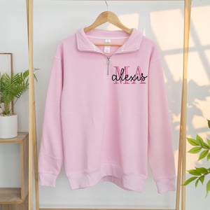 May include: A pale pink sweatshirt with a quarter-zip collar and long sleeves. The word "alexis" is embroidered in black and pink script on the front. The sweatshirt is hanging on a wooden hanger.