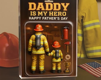 Best Firefighter Dad Custom Figure Personalized Acrylic Block Plaque, Father's Day Gift for Fireman Dad, Gift for Husband, Happy Fathers Day