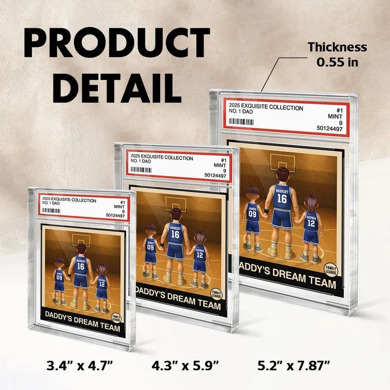 May include: Three framed illustrations of a basketball team with the text "Daddy's Dream Team" and "2025 Exquisite Collection No. 1 Dad" on the frames. The frames are different sizes, 3.4 inches by 4.7 inches, 4.3 inches by 5.9 inches, and 5.2 inches by 7.87 inches.