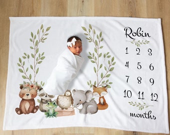 Personalized Boho Animal Milestone Blanket Monthly Photos Blanket , Woodland Animals Newborn Nursery , Baby Age Blanket Baby Shower Gift