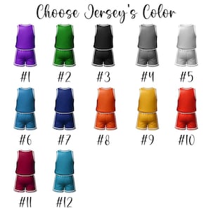 May include: Twelve different basketball jersey color options, numbered 1 through 12. Each jersey is white with a colored top and shorts. The colors include purple, green, black, gray, light gray, blue, dark blue, orange, yellow, red, maroon, and teal.