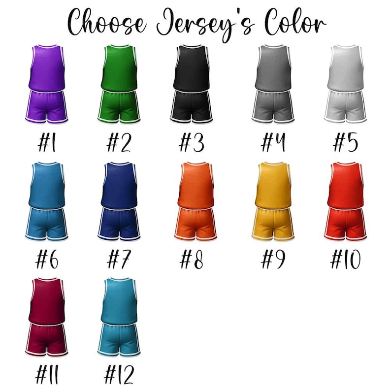 May include: Twelve different basketball jersey color options, numbered 1 through 12. Each jersey is white with a colored top and shorts. The colors include purple, green, black, gray, light gray, blue, dark blue, orange, yellow, red, maroon, and teal.