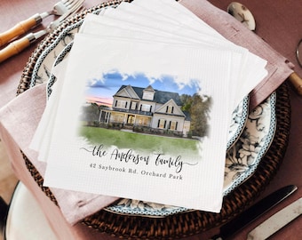 Personalized House Portrait Napkins With Name, Housewarming Gift For Family, Realtor Closing Gift, First Home Gift, Custom House On Napkins