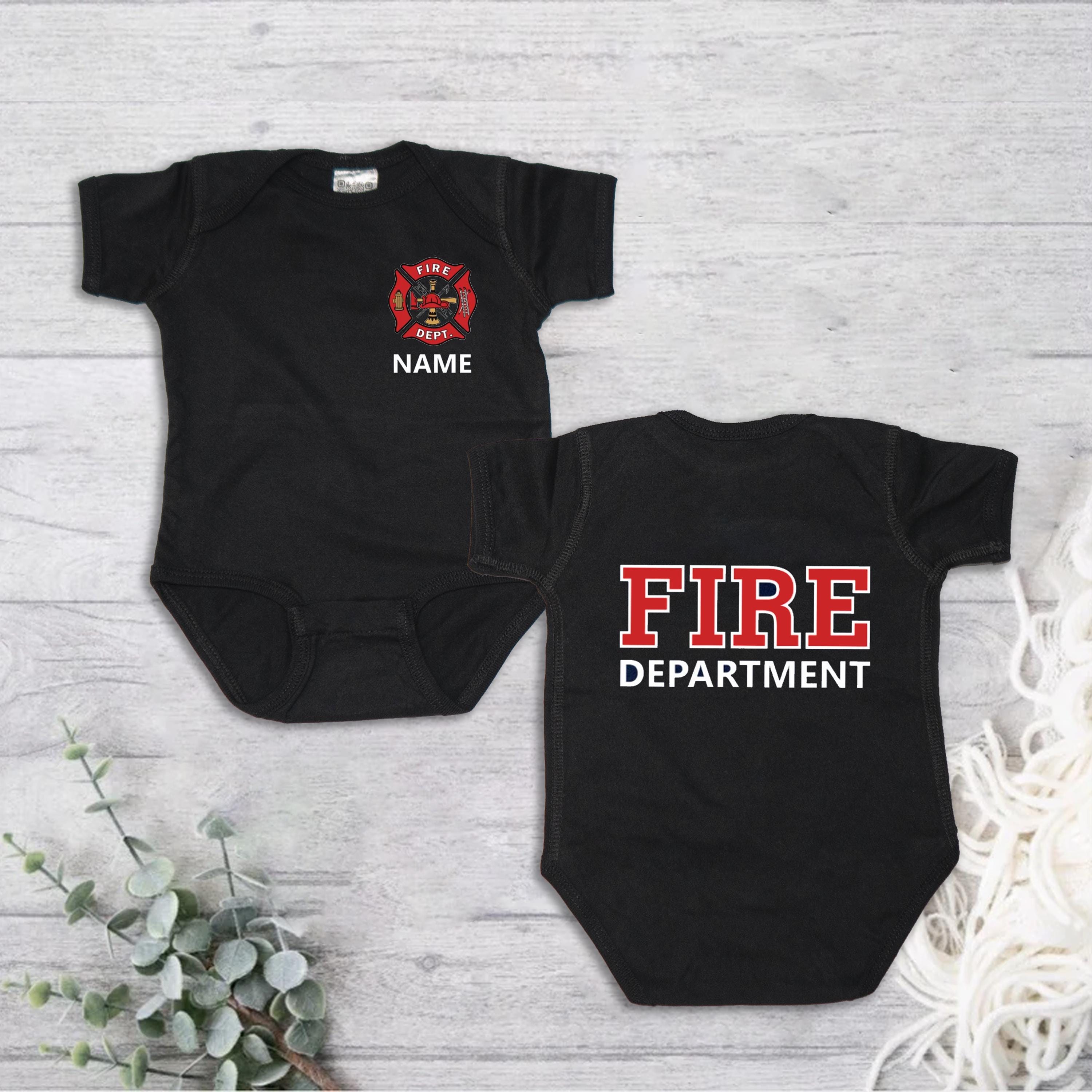 Firefighter Navy Bodysuit with Maltese Cross and Personalized Baby Name, Custom Fire Department Onesie For Baby, Cute Firefighter Baby Gifts