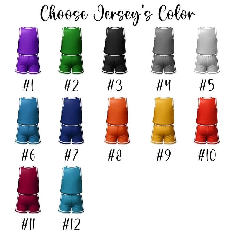 May include: Twelve different color options for a basketball jersey. The jerseys are all sleeveless and have a white trim around the neck and armholes. The jerseys are numbered 1 through 12.