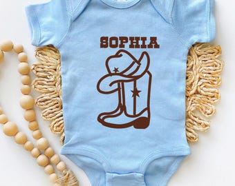 Personalized Cowgirl Boots Romper name , Western Boots Baby Bodysuit, Girl Rodeo Outfit, Western Baby Gift, Baby Announcement