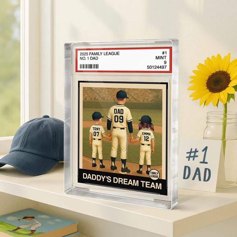 Baseball No. 1 Dad Grandpa Man & Kids Trading Card Style Personalized Acrylic Block Plaque, Father&#39;s Day Gift for Baseball Dad, Husband