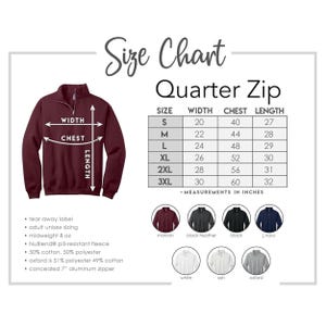 May include: A maroon quarter-zip sweatshirt with a size chart. The chart lists sizes S-3XL, with measurements in inches for width, chest, and length. Additional colours include black heather, black, and navy.