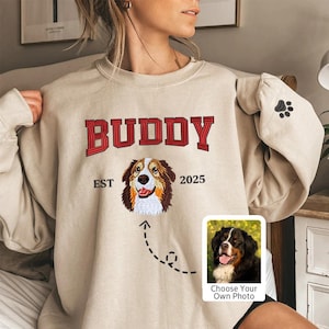 Personalized Dog Portrait Embroidered Varsity Sweatshirt, Custom Embroidered Pet Hoodie, Custom Pet Name Shirt, Unique Gift for Pet Lovers