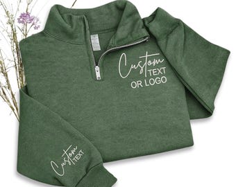 Custom Embroidered Logo Quarter Zip Sweatshirt, Left Chest Embroidery for Team, Business, Bridal Parties, Events, or Everyday Wear