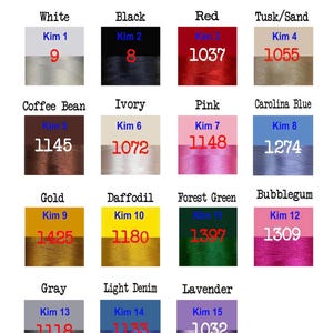May include: A colour chart titled "Thread Colour" displays various thread colours, including white, black, red, and gold. Each colour is presented with a corresponding number and name, such as "Kim 1" for white and "Kim 2" for black.