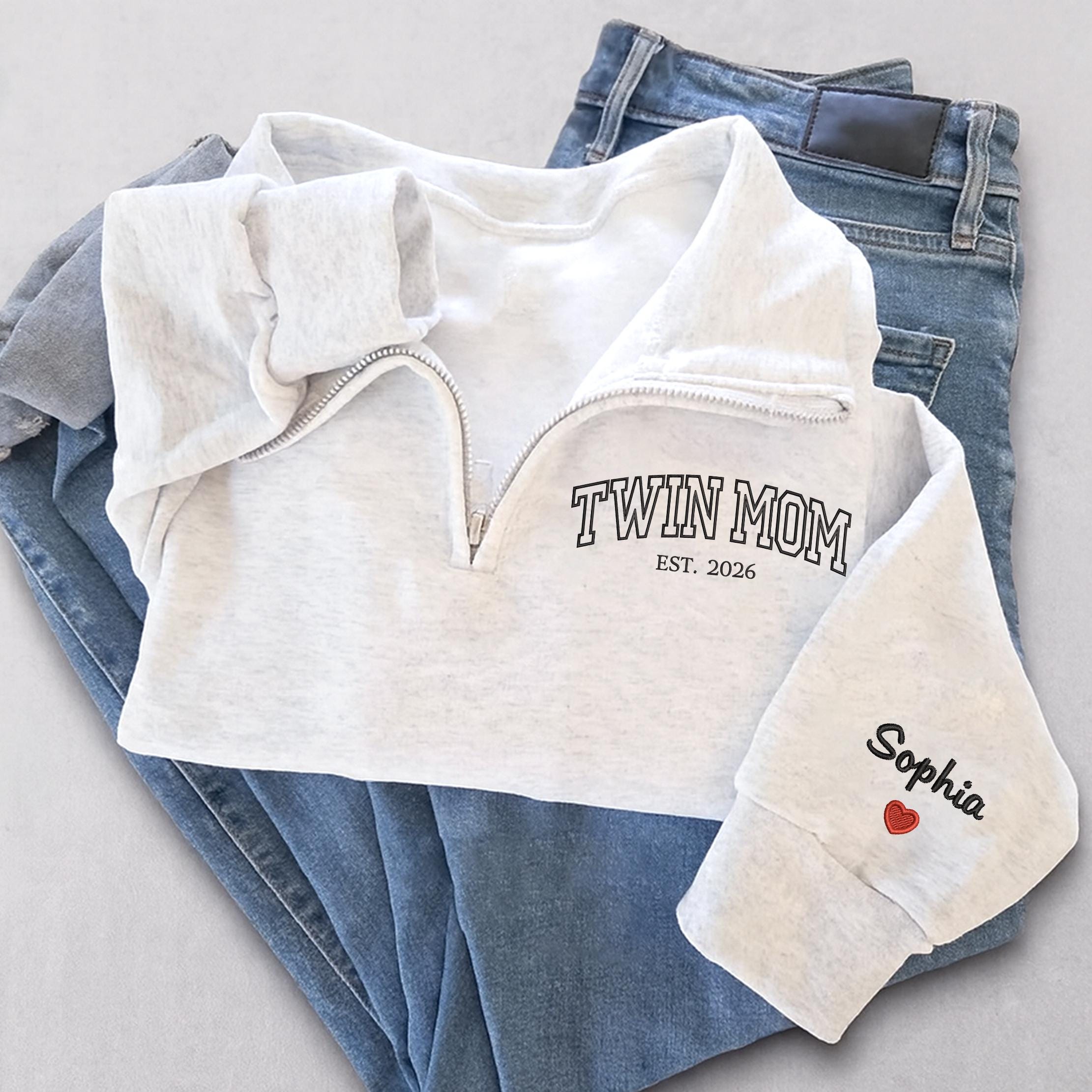 Personalized Embroidered Twin Mom Quarter Zip Sweatshirt, Custom