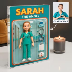 May include: A customisable action figure of a nurse with a stethoscope and a medical chart. The figure is in a blue and white uniform and has a name tag that says "SARAH THE ANGEL".