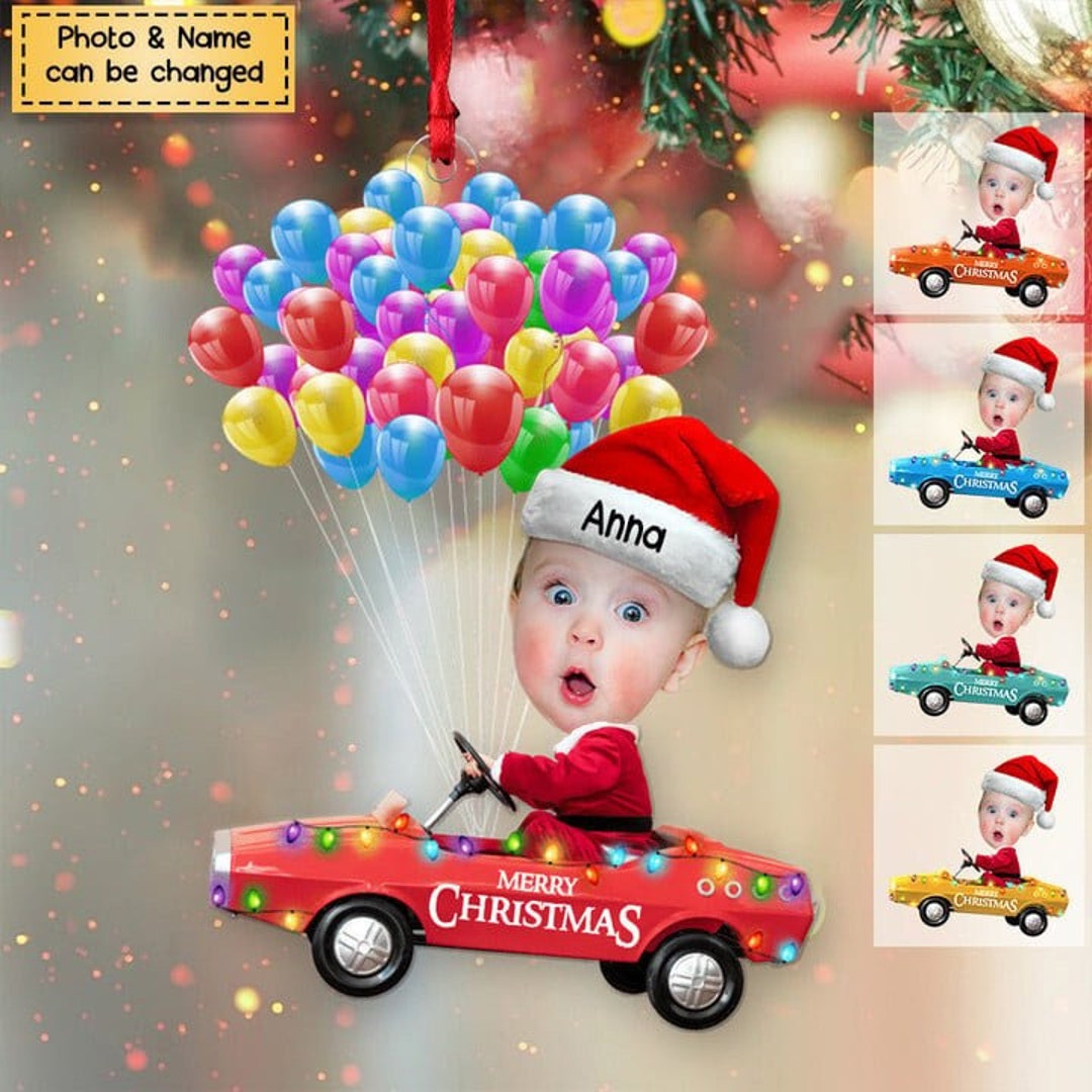 Custom Cute Kids Driving Car Christmas Light Acrylic Ornament, Custom