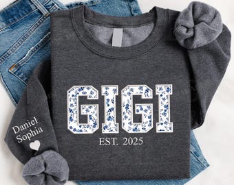 Custom Embroidered Gigi Sweatshirt - Floral Appliqué Gigi Crewneck, Gigi Sweater with Kids on Sleeve, Personalized Grandma Gift