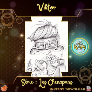Puede incluir: Ilustración en blanco y negro de un niño con gafas y una mascota. El niño lleva un suéter y sostiene un lápiz. El texto "Viktor" está en la parte superior de la imagen. El texto "Série : Les Chenapans" está en la parte inferior de la imagen.