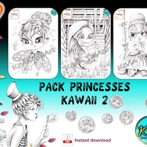 Kawaii Princesses Pack 2 / Kevin TeoArt / Coloring page / Grayscale Illustration image 1