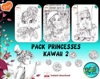 Princesas Kawaii Pack 2 / Kevin TeoArt / Dibujo para colorear / Ilustración en escala de grises