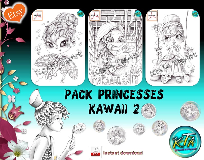 Kawaii Princesses Pack 2 / Kevin TeoArt / Coloring page / Grayscale Illustration image 1
