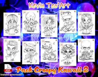 Pack Creepy Kawaii  2 / Kevin TeoArt / Page de coloriage / Grayscale Illustration