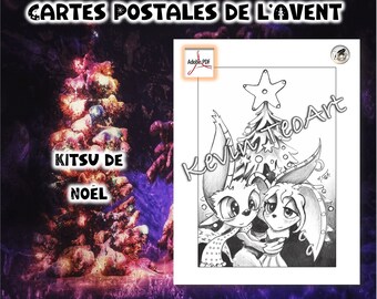 Kitsu in front of the tree / Advent Postcards / A6 Format / Grayscale Illustration / Coloring Page / Download Printable File (PDF)