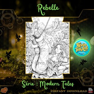 Peut inclure: Illustration en noir et blanc d'une femme se balançant, avec un château et des ours en peluche en arrière-plan. Le mot "Rebelle" est en haut, et "Série: Modern Tales" en bas. L'image comprend des silhouettes de fées et le logo de l'artiste.