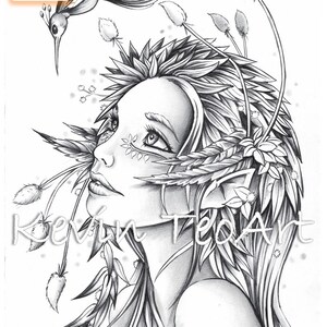 May include: A black and white line drawing of a woman with a hummingbird perched on her hand. The woman is surrounded by flowers and leaves. The drawing is signed "Kevin Teo Art".