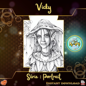 Könnte beinhalten: Schwarz-weiß-Zeichnung einer weiblichen Figur mit einem Pilz-Hut, betitelt "Vicky" und "Série : Portrait".