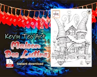 Maison des lutins / Kevin TeoArt / Page de coloriage / Grayscale Illustration